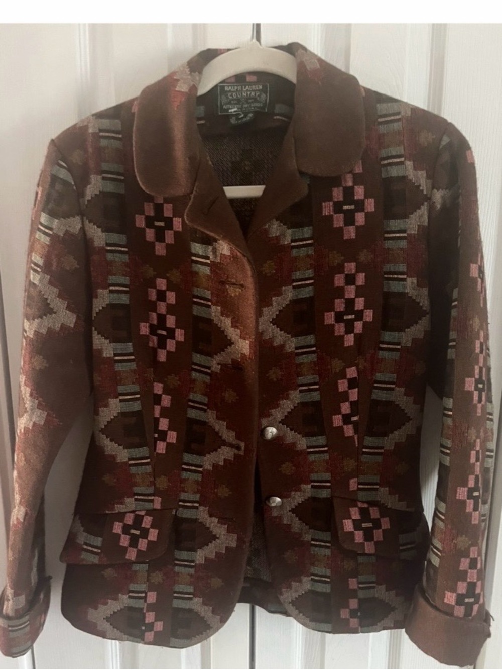 Ralph Lauren Country Brown Patterned Southwestern Blazer Accent buttons Sz 4